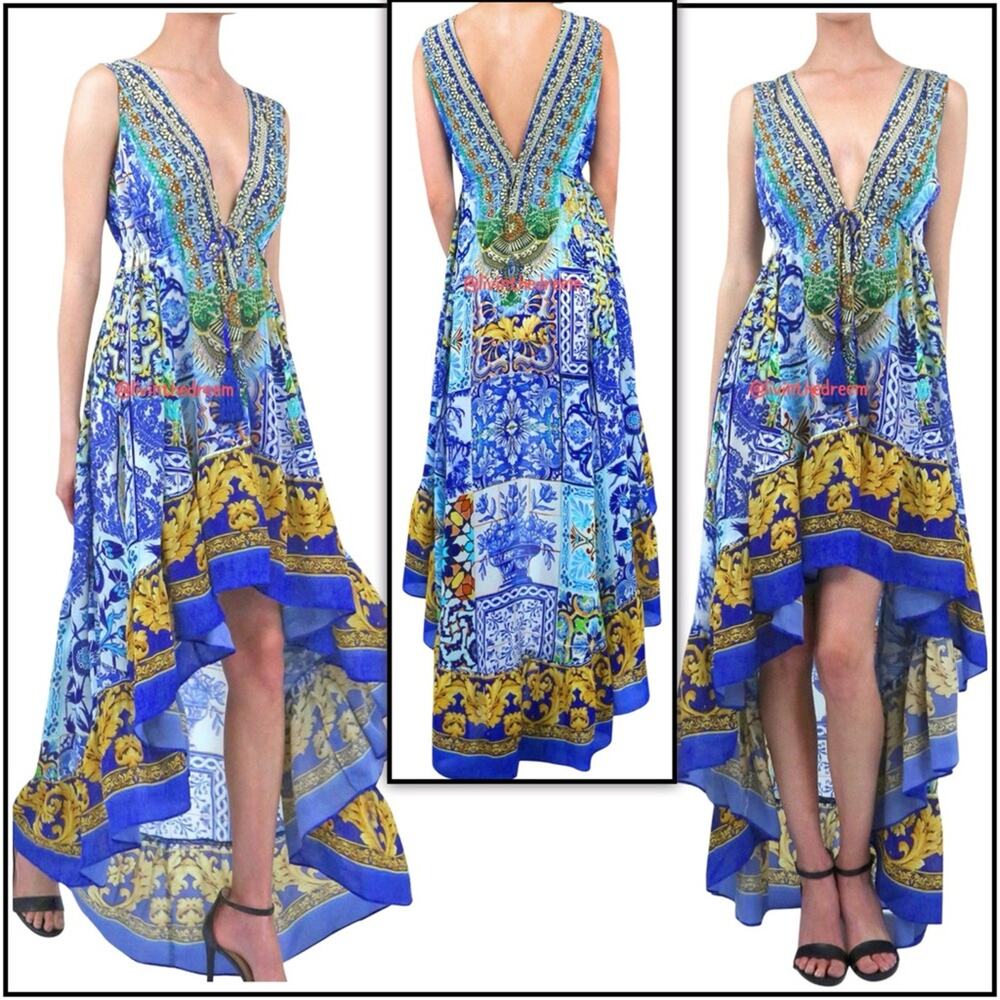 NWOT Shahida Paradies HIGH LOW RUFFLE BLUE DRESS  SZ M/L $449